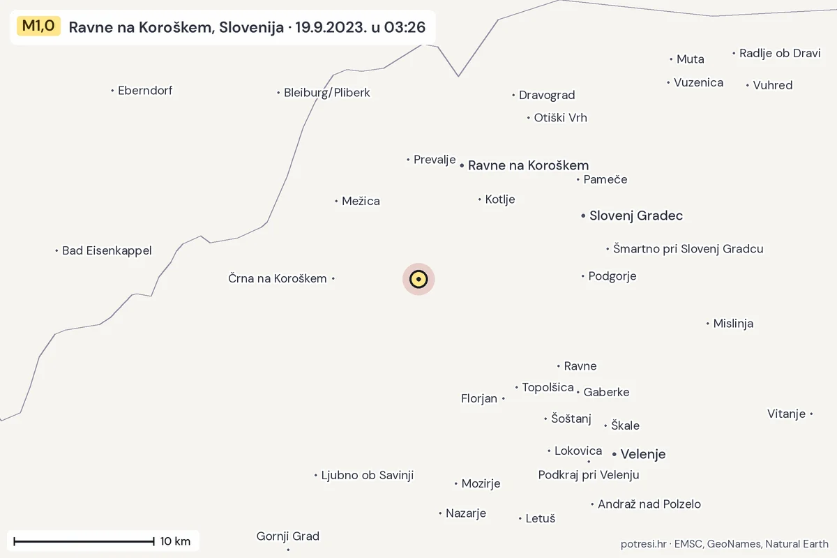 Karta: okolica epicentra, 60 km, potres M1,0, Ravne na Koroškem, Slovenija, 19.9.2023.