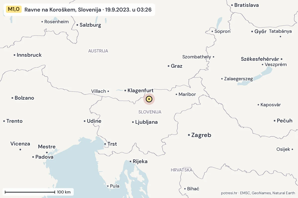 Karta: šire područje, 600 km, potres M1,0, Ravne na Koroškem, Slovenija, 19.9.2023.