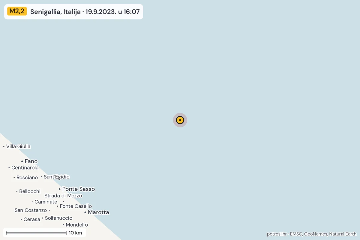 Karta: okolica epicentra, 60 km, potres M2,2, Senigallia, Italija, 19.9.2023.