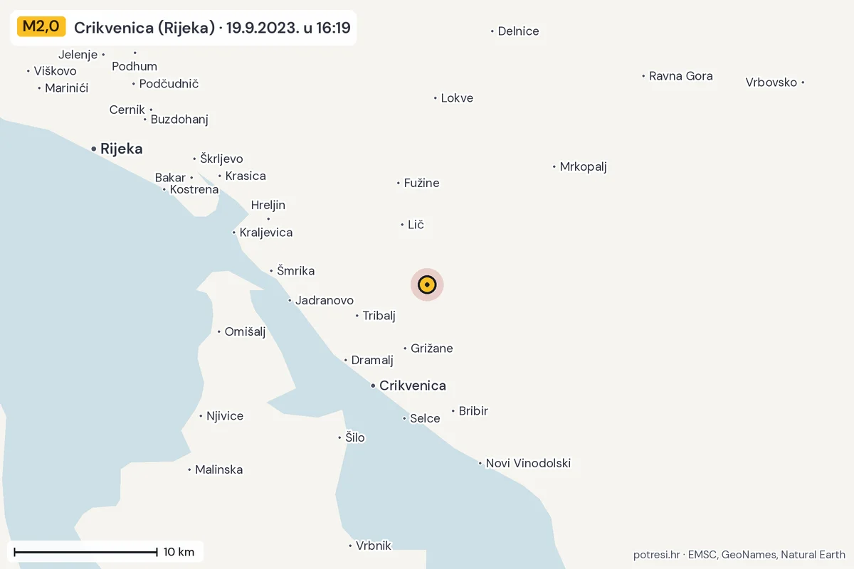 Karta: okolica epicentra, 60 km, potres M2,0, Crikvenica (Rijeka), 19.9.2023.