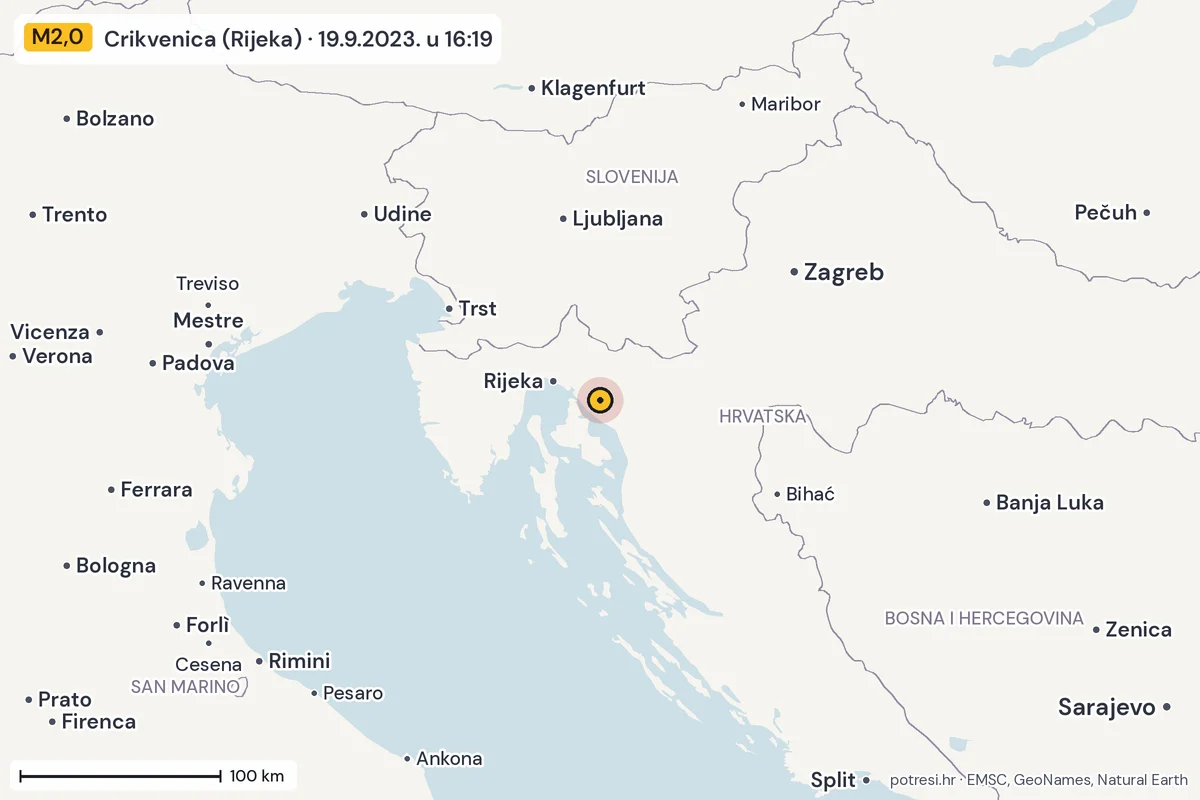 Karta: šire područje, 600 km, potres M2,0, Crikvenica (Rijeka), 19.9.2023.