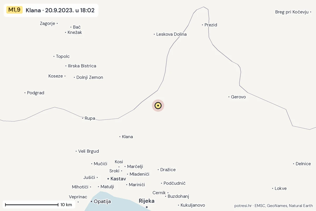 Karta: okolica epicentra, 60 km, potres M1,9, Klana, 20.9.2023.