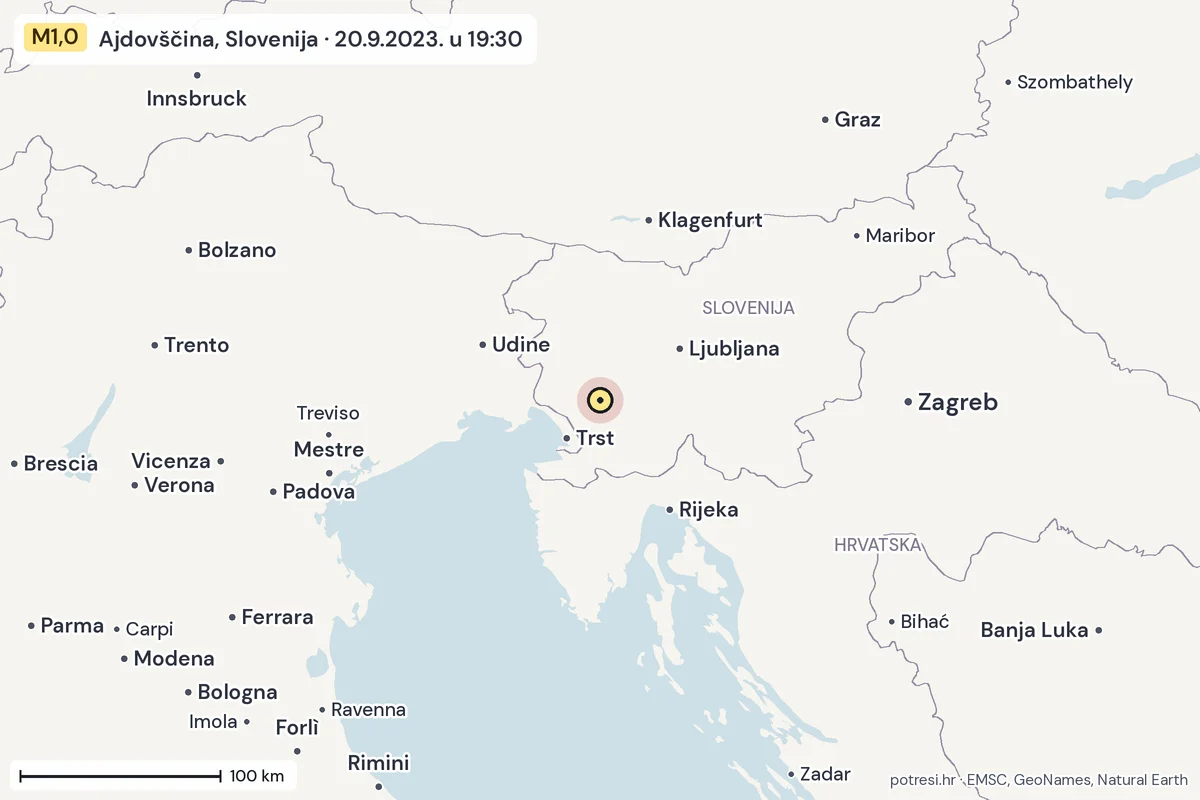 Karta: šire područje, 600 km, potres M1,0, Ajdovščina, Slovenija, 20.9.2023.