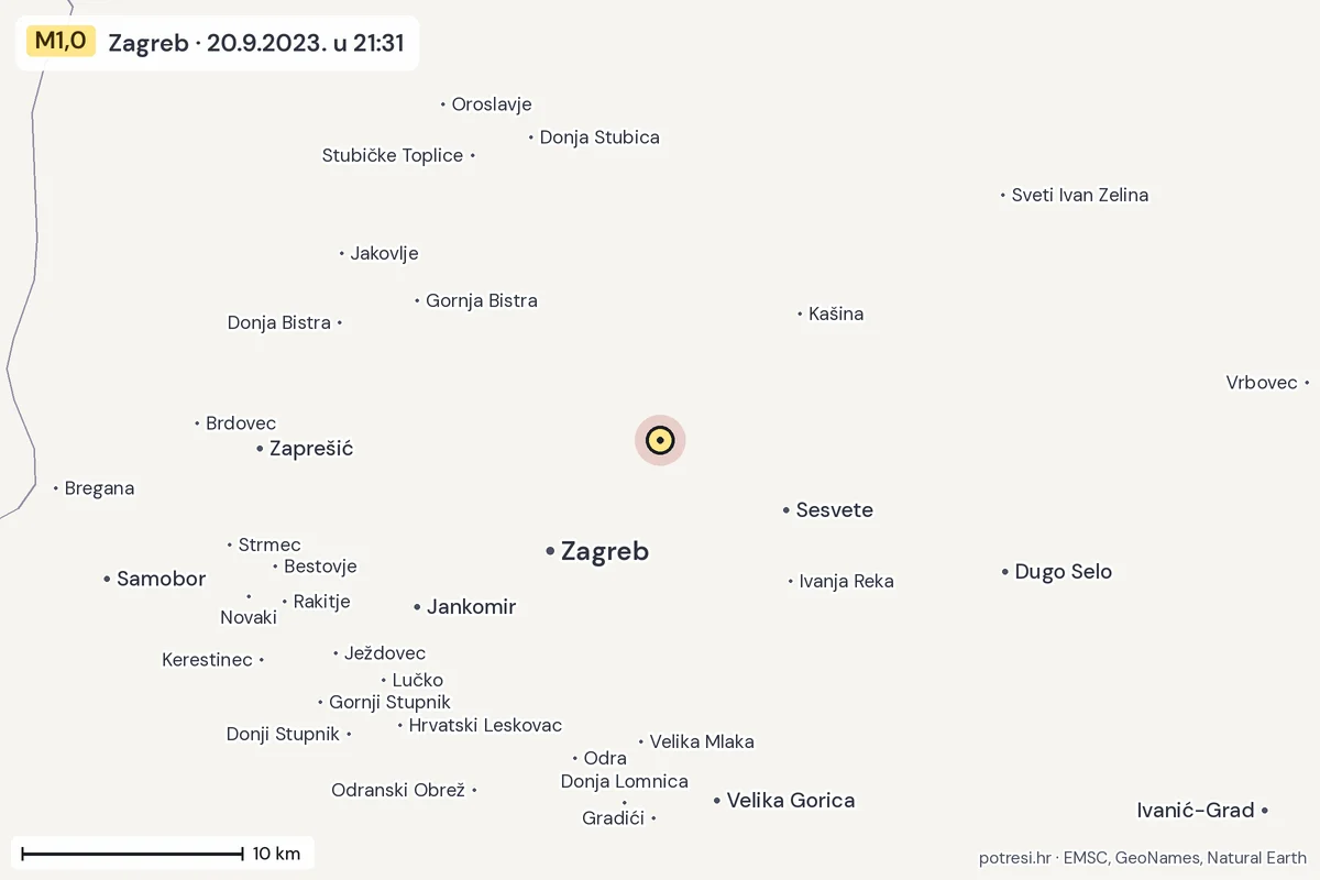 Karta: okolica epicentra, 60 km, potres M1,0, Zagreb, 20.9.2023.