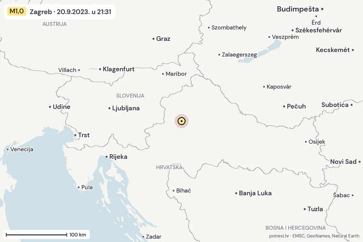 Karta: šire područje, 600 km, potres M1,0, Zagreb, 20.9.2023.