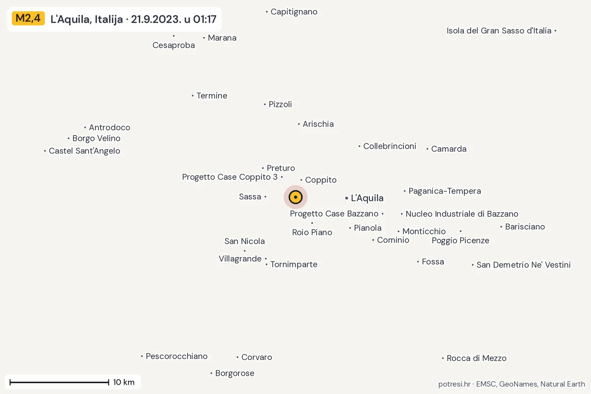 Karta: okolica epicentra, 60 km, potres M2,4, L'Aquila, Italija, 21.9.2023.