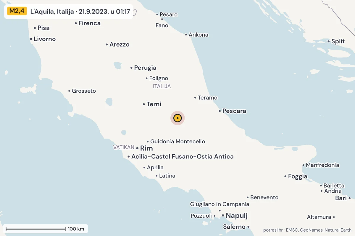 Karta: šire područje, 600 km, potres M2,4, L'Aquila, Italija, 21.9.2023.