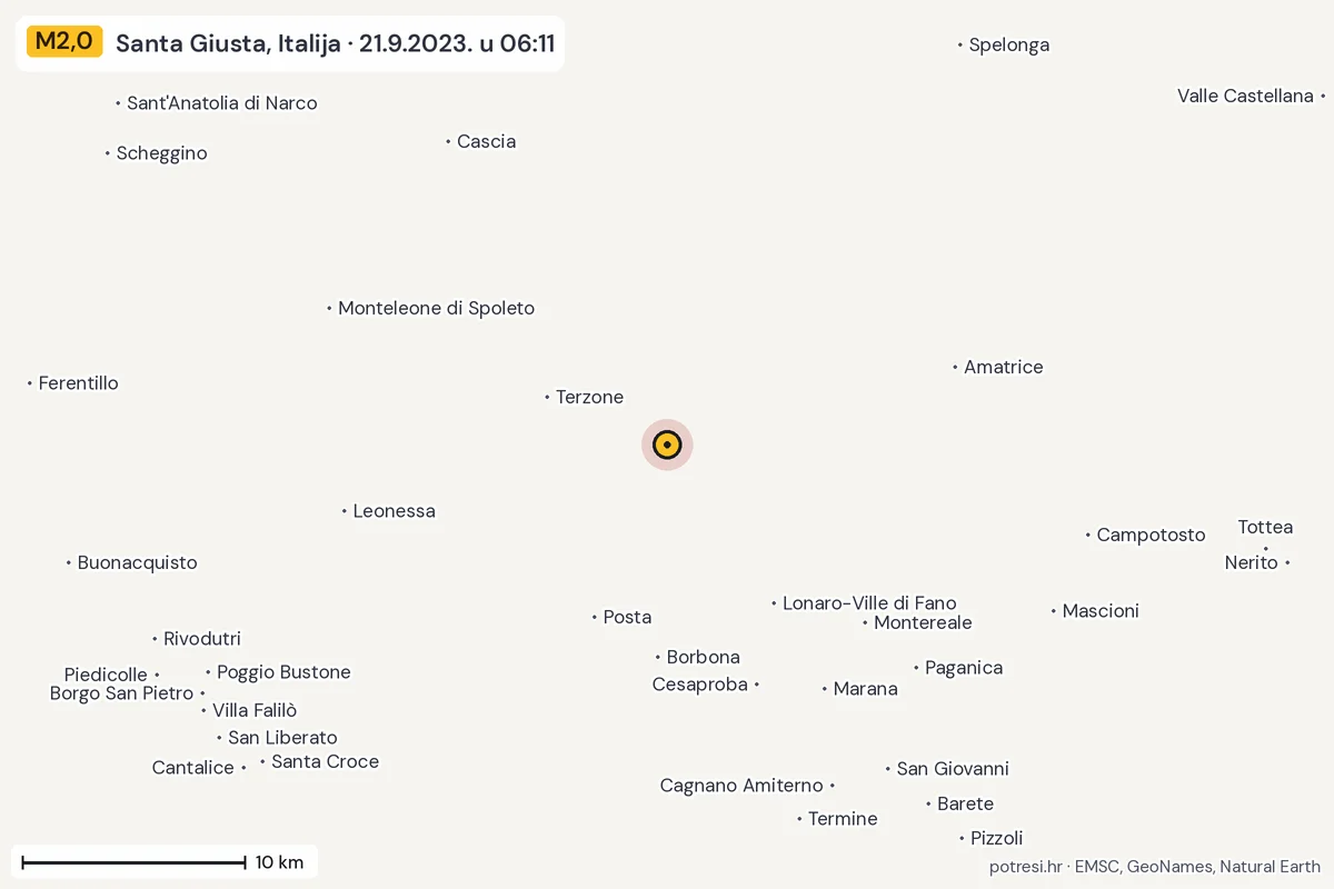 Karta: okolica epicentra, 60 km, potres M2,0, Santa Giusta, Italija, 21.9.2023.