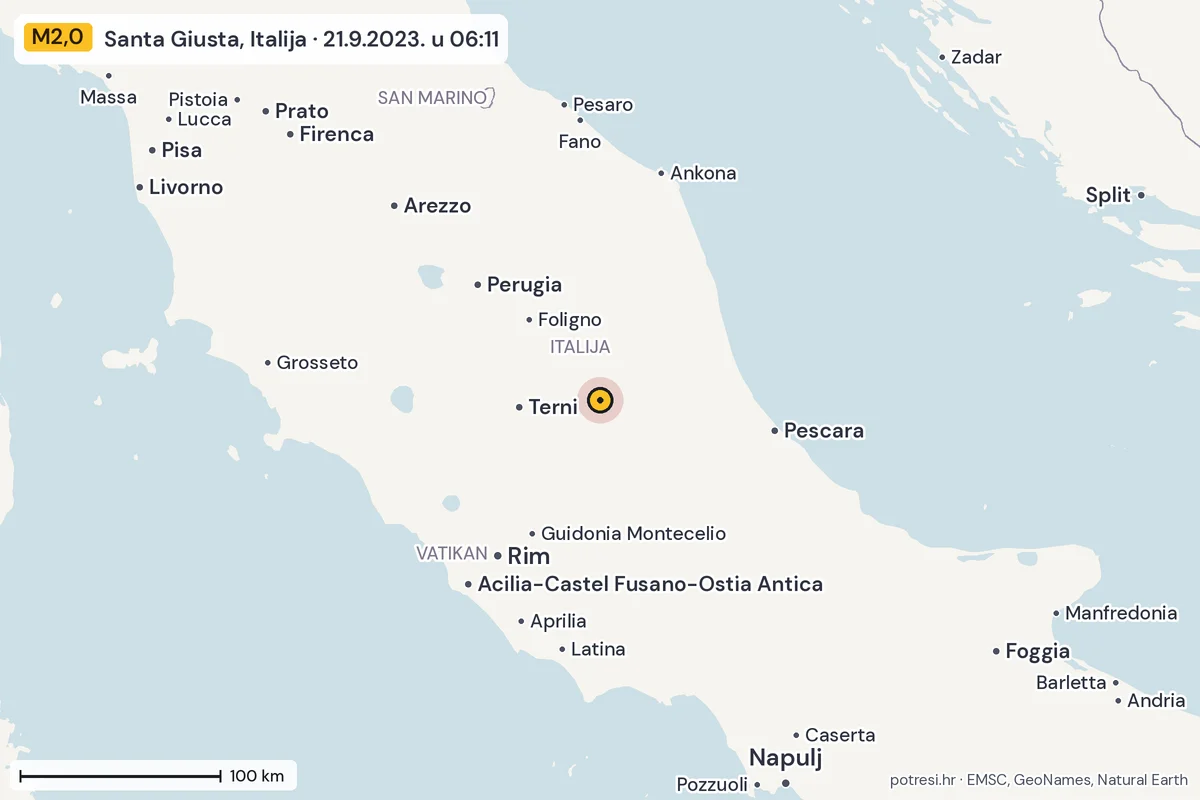 Karta: šire područje, 600 km, potres M2,0, Santa Giusta, Italija, 21.9.2023.