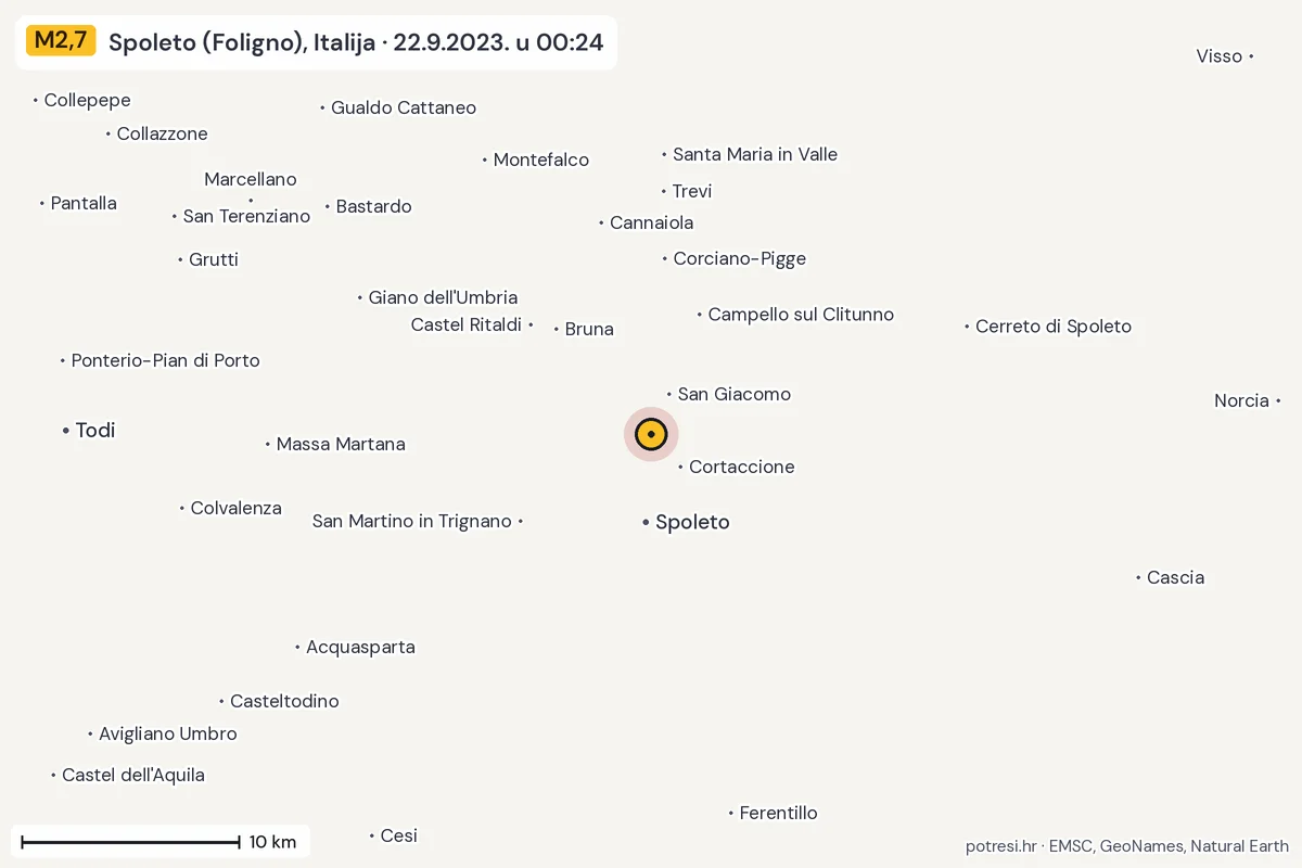 Karta: okolica epicentra, 60 km, potres M2,7, Spoleto (Foligno), Italija, 22.9.2023.