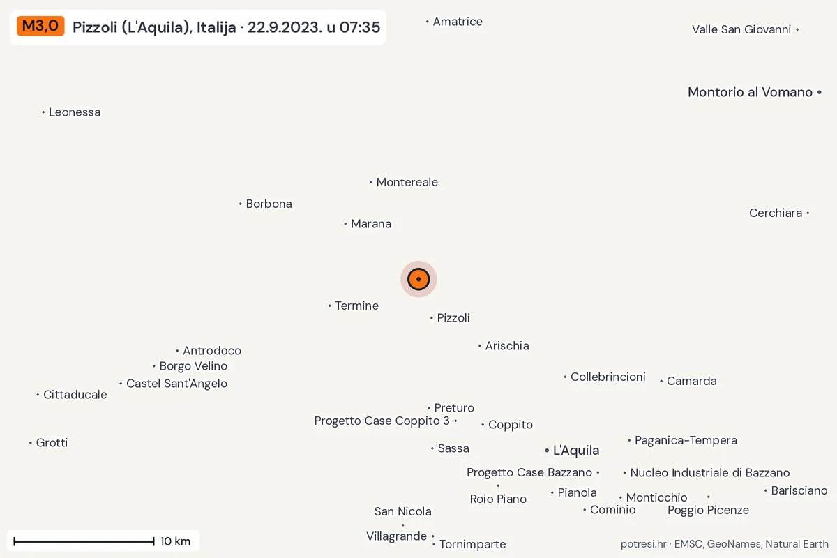 Karta: okolica epicentra, 60 km, potres M3,0, Pizzoli (L'Aquila), Italija, 22.9.2023.