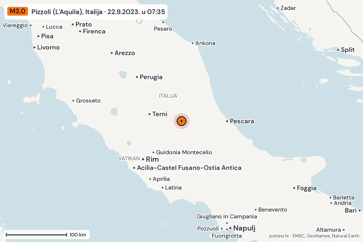 Karta: šire područje, 600 km, potres M3,0, Pizzoli (L'Aquila), Italija, 22.9.2023.