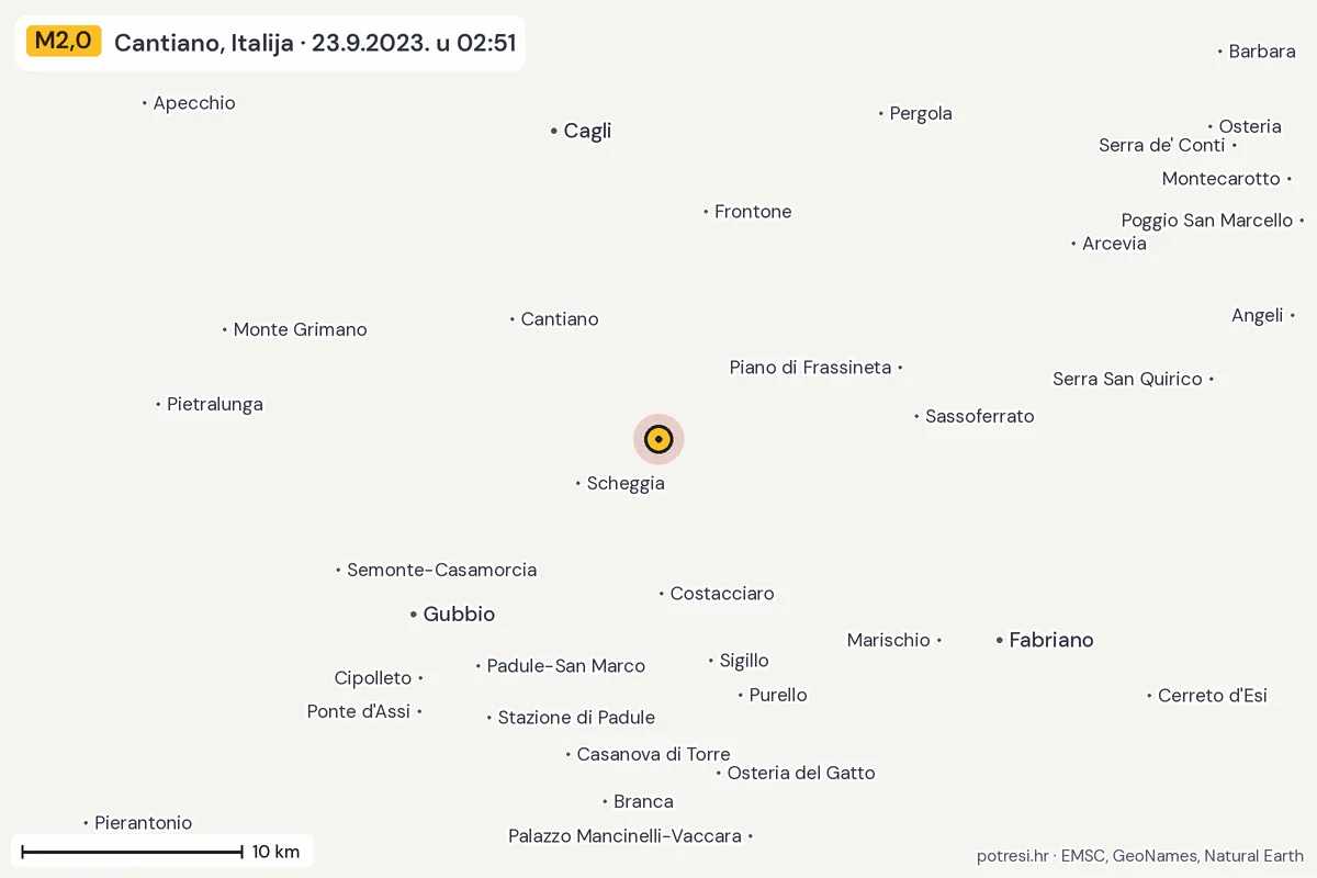Karta: okolica epicentra, 60 km, potres M2,0, Cantiano, Italija, 23.9.2023.