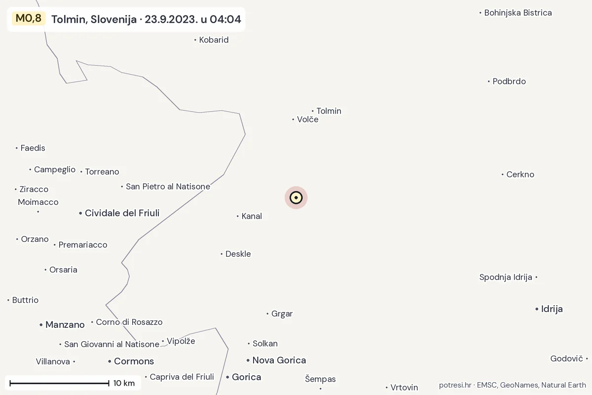 Karta: okolica epicentra, 60 km, potres M0,8, Tolmin, Slovenija, 23.9.2023.