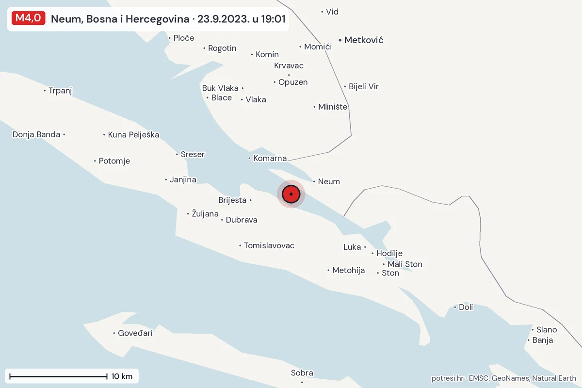 Karta: okolica epicentra, 60 km, potres M4,0, Neum, Bosna i Hercegovina, 23.9.2023.