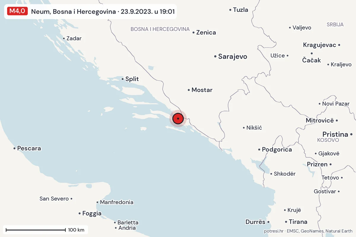 Karta: šire područje, 600 km, potres M4,0, Neum, Bosna i Hercegovina, 23.9.2023.