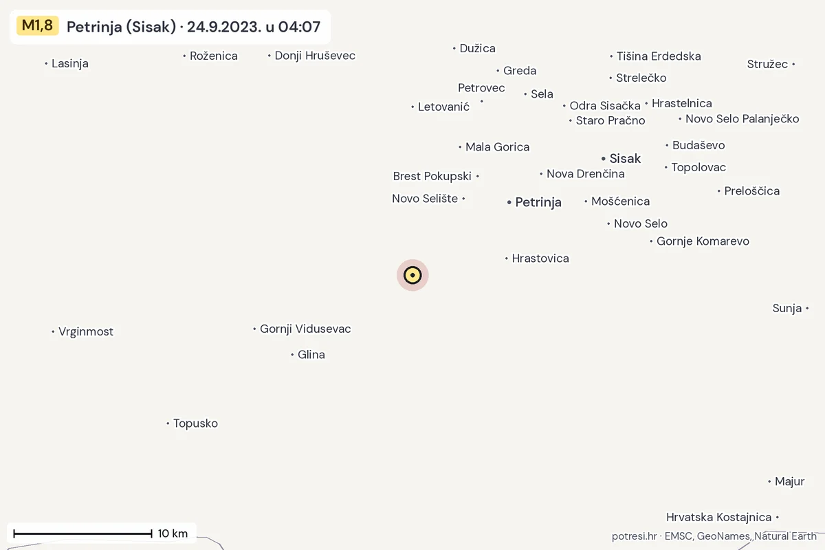 Karta: okolica epicentra, 60 km, potres M1,8, Petrinja (Sisak), 24.9.2023.