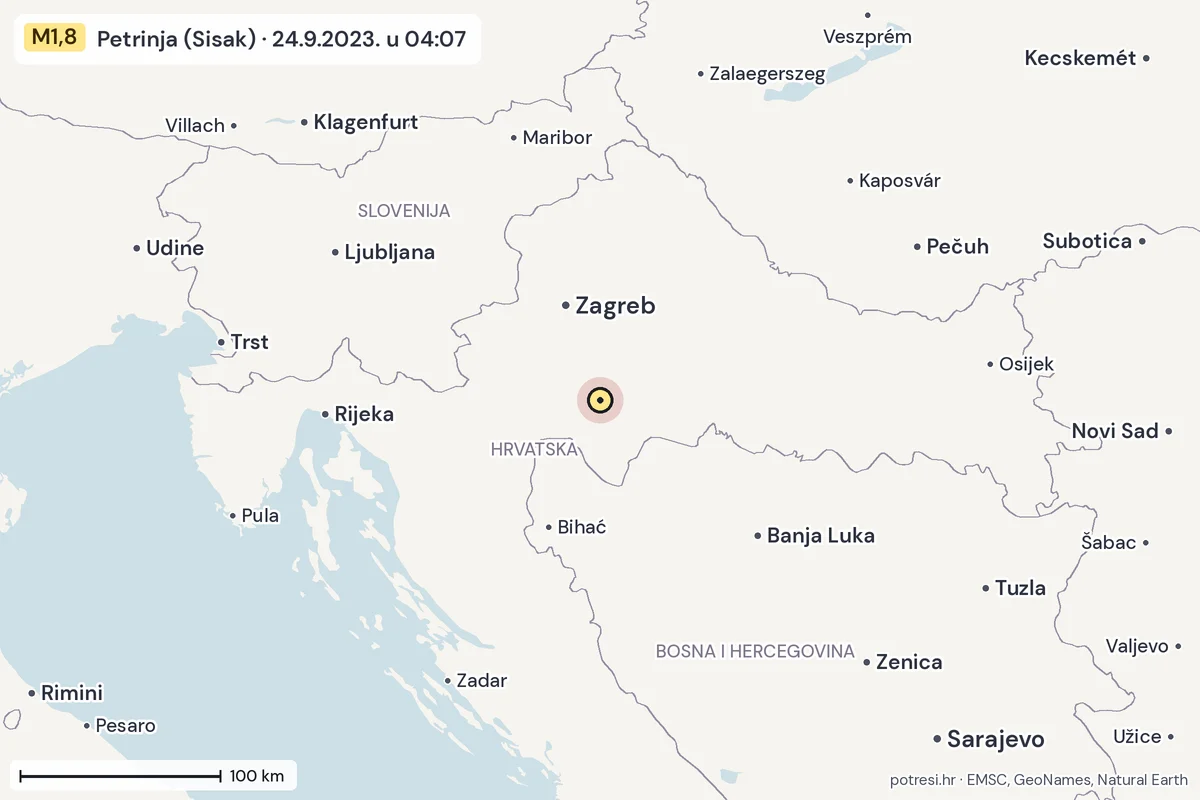 Karta: šire područje, 600 km, potres M1,8, Petrinja (Sisak), 24.9.2023.