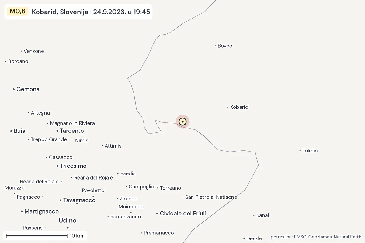 Karta: okolica epicentra, 60 km, potres M0,6, Kobarid, Slovenija, 24.9.2023.