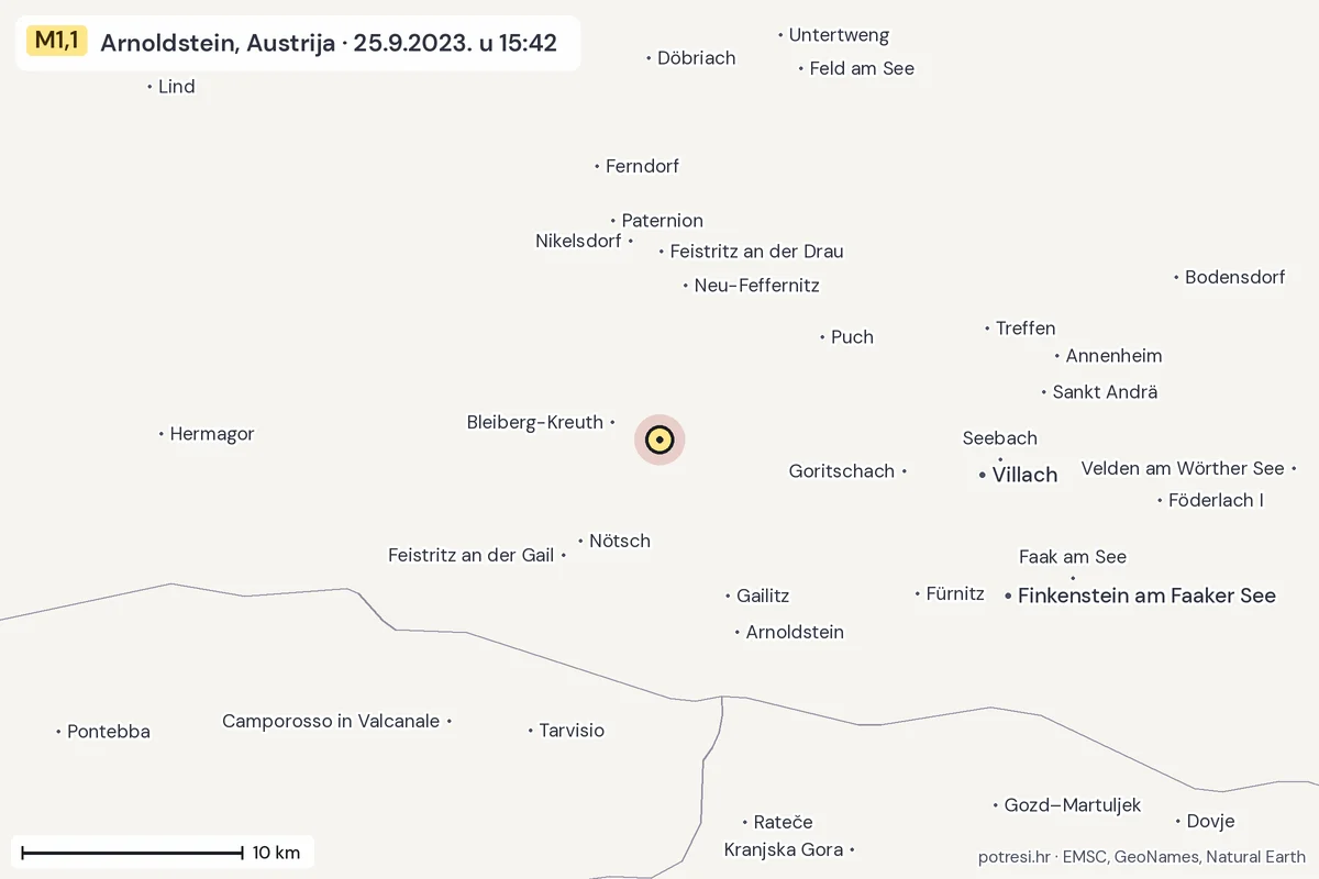 Karta: okolica epicentra, 60 km, potres M1,1, Arnoldstein, Austrija, 25.9.2023.
