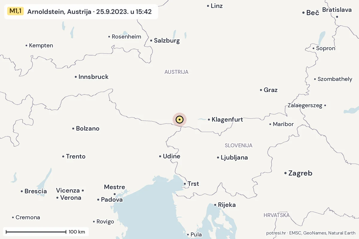 Karta: šire područje, 600 km, potres M1,1, Arnoldstein, Austrija, 25.9.2023.