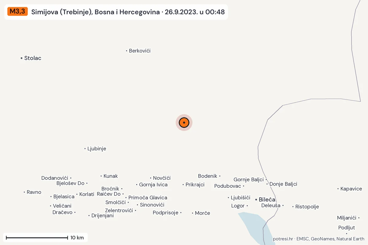 Karta: okolica epicentra, 60 km, potres M3,3, Simijova (Trebinje), Bosna i Hercegovina, 26.9.2023.