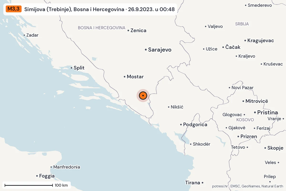 Karta: šire područje, 600 km, potres M3,3, Simijova (Trebinje), Bosna i Hercegovina, 26.9.2023.