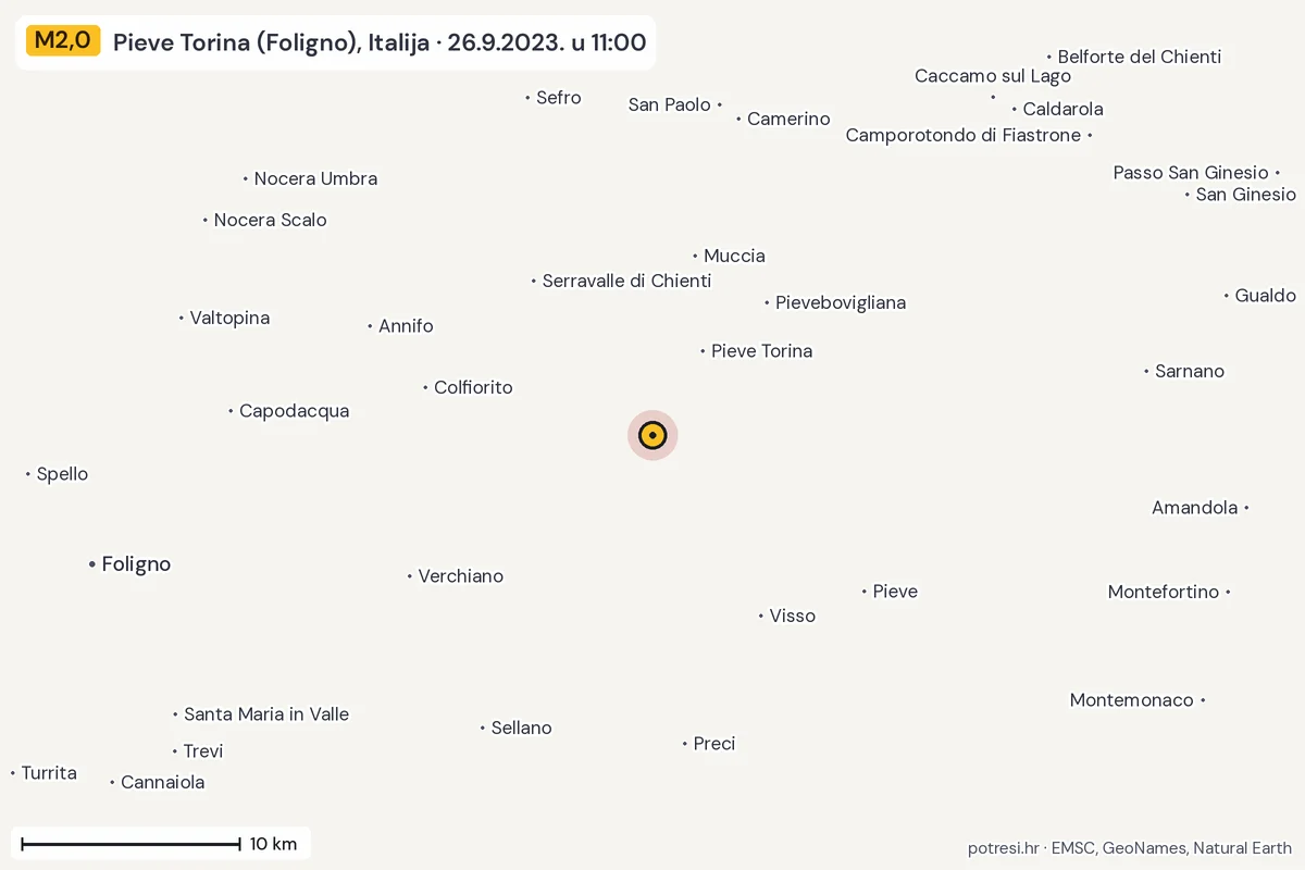 Karta: okolica epicentra, 60 km, potres M2,0, Pieve Torina (Foligno), Italija, 26.9.2023.