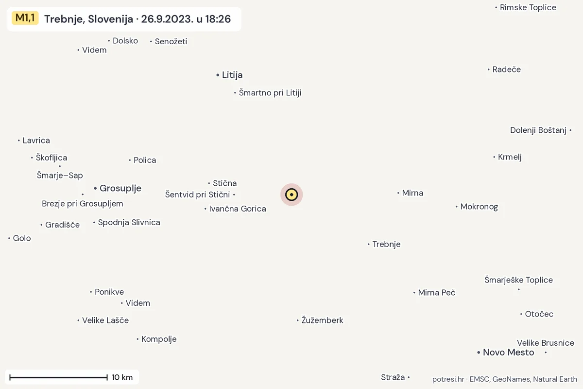 Karta: okolica epicentra, 60 km, potres M1,1, Trebnje, Slovenija, 26.9.2023.