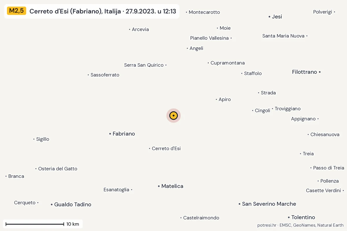 Karta: okolica epicentra, 60 km, potres M2,5, Cerreto d'Esi (Fabriano), Italija, 27.9.2023.