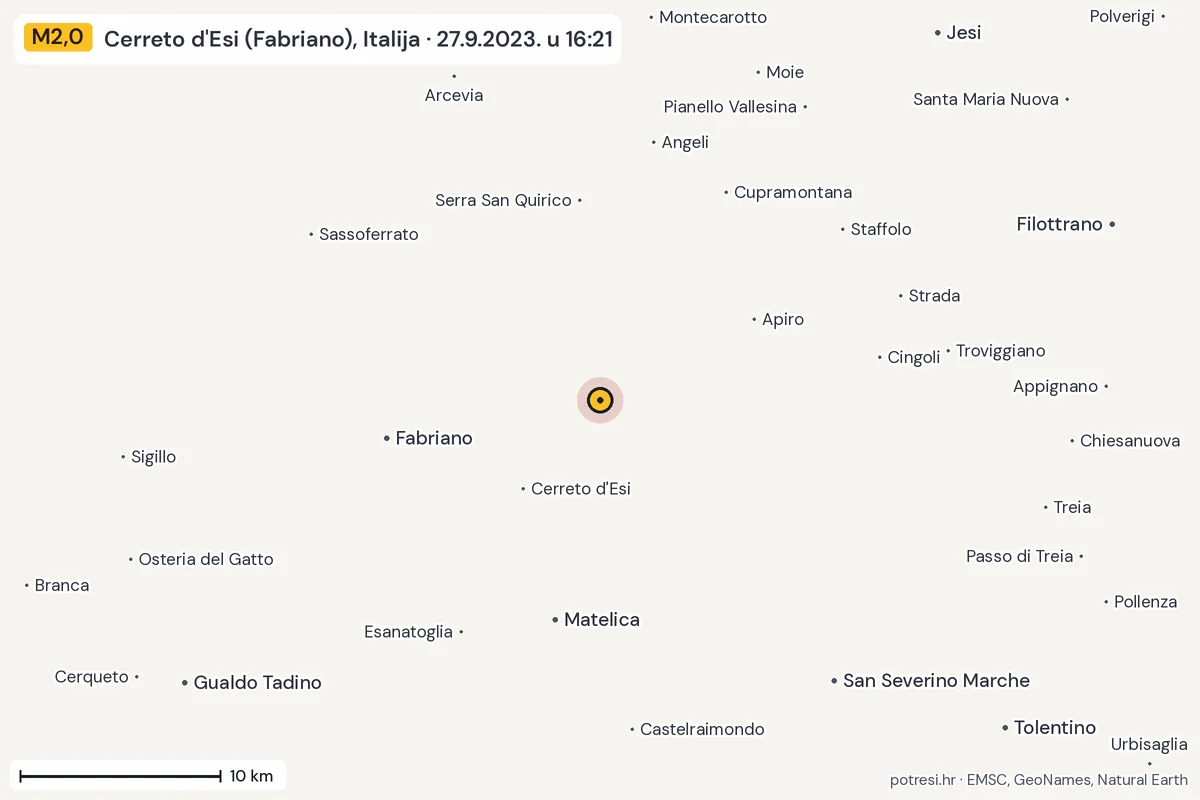 Karta: okolica epicentra, 60 km, potres M2,0, Cerreto d'Esi (Fabriano), Italija, 27.9.2023.
