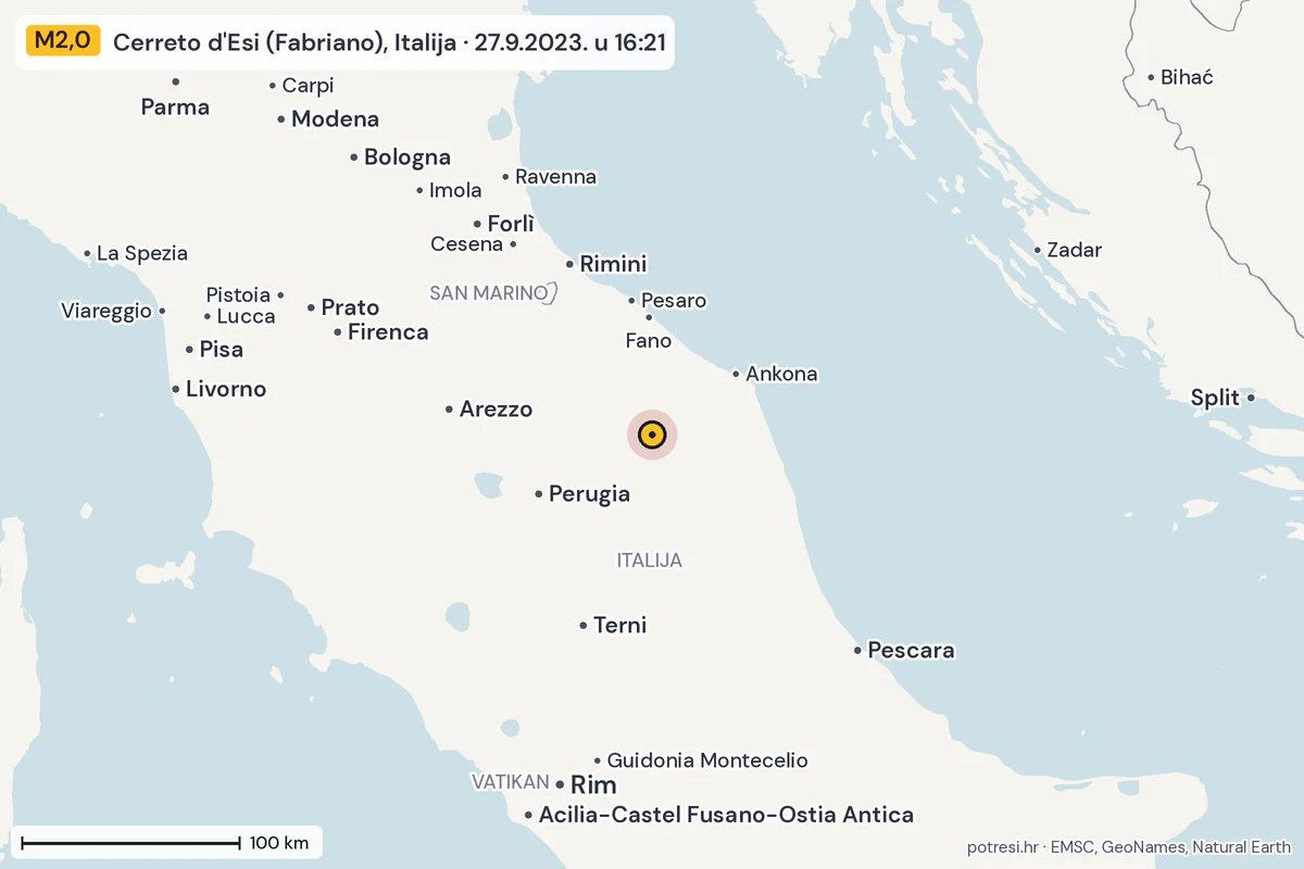 Karta: šire područje, 600 km, potres M2,0, Cerreto d'Esi (Fabriano), Italija, 27.9.2023.