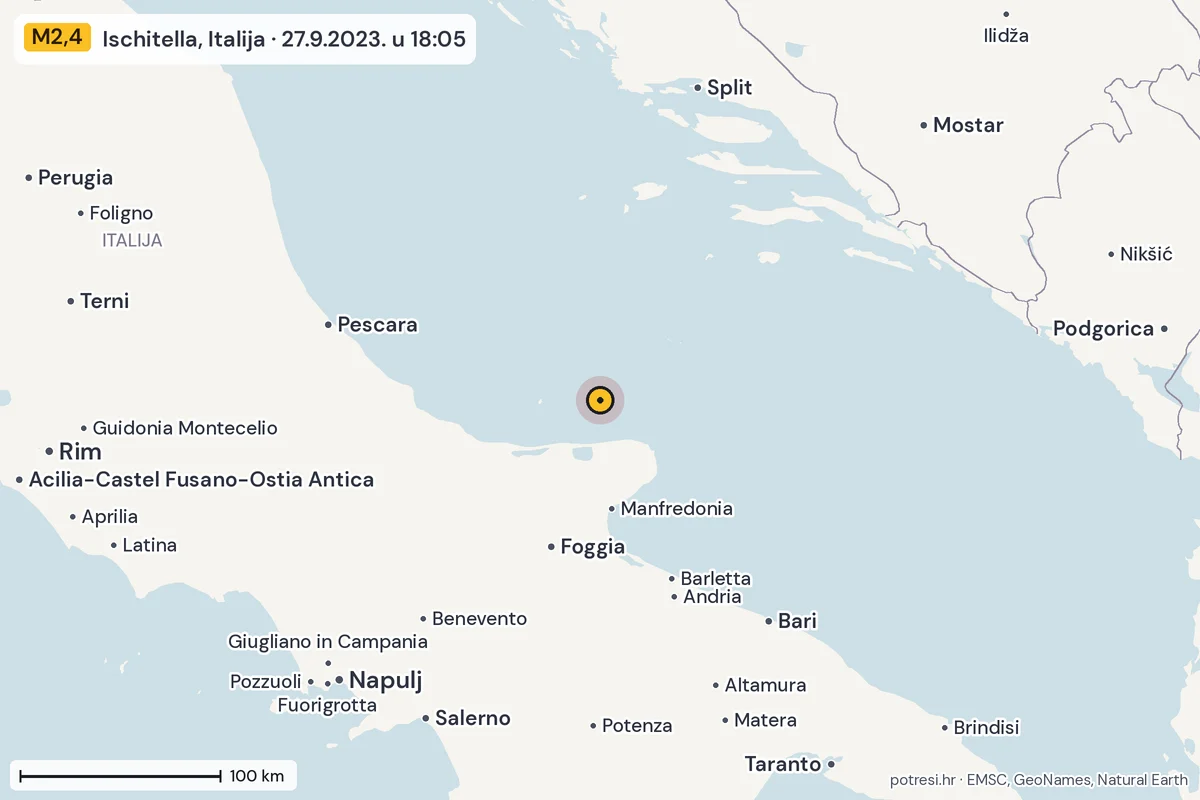 Karta: šire područje, 600 km, potres M2,4, Ischitella, Italija, 27.9.2023.
