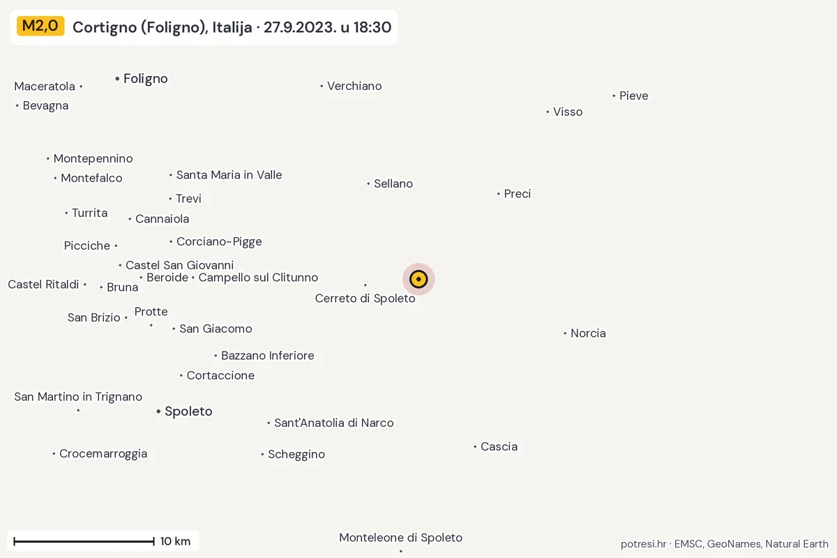 Karta: okolica epicentra, 60 km, potres M2,0, Cortigno (Foligno), Italija, 27.9.2023.