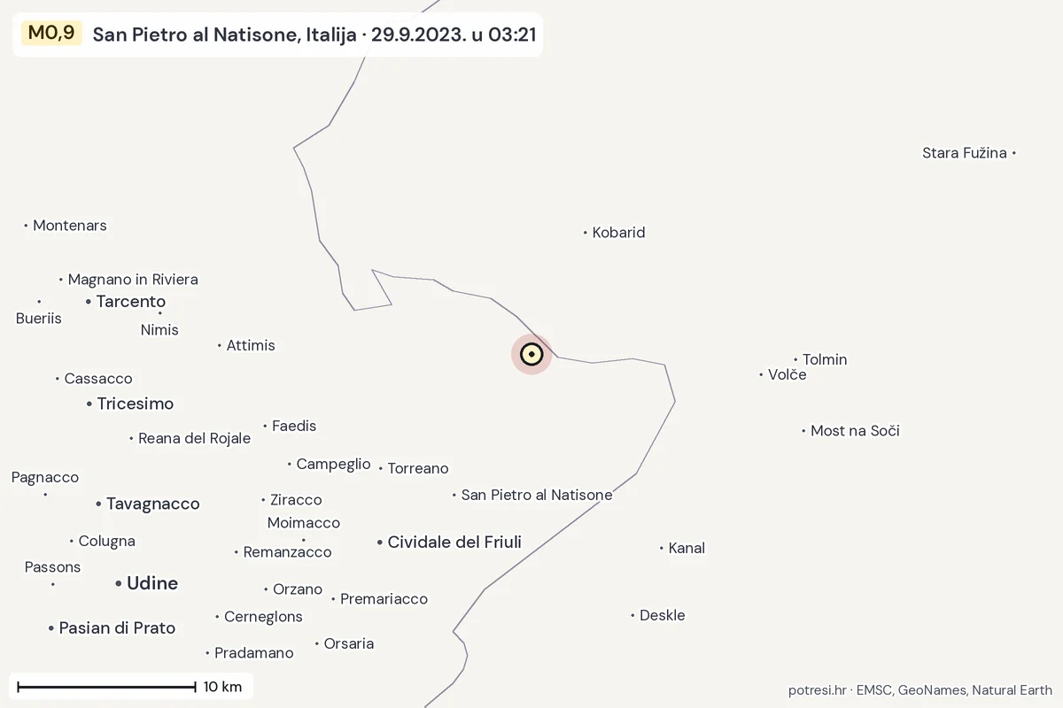Karta: okolica epicentra, 60 km, potres M0,9, San Pietro al Natisone, Italija, 29.9.2023.