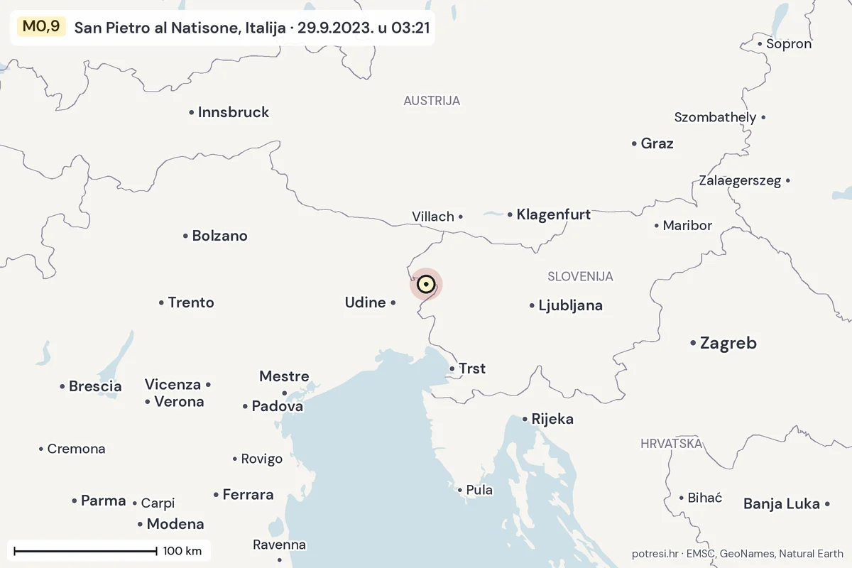 Karta: šire područje, 600 km, potres M0,9, San Pietro al Natisone, Italija, 29.9.2023.