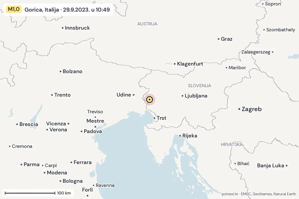 Karta: šire područje, 600 km, potres M1,0, Gorica, Italija, 29.9.2023.