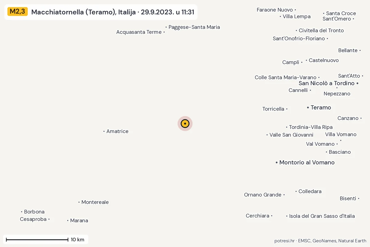 Karta: okolica epicentra, 60 km, potres M2,3, Macchiatornella (Teramo), Italija, 29.9.2023.