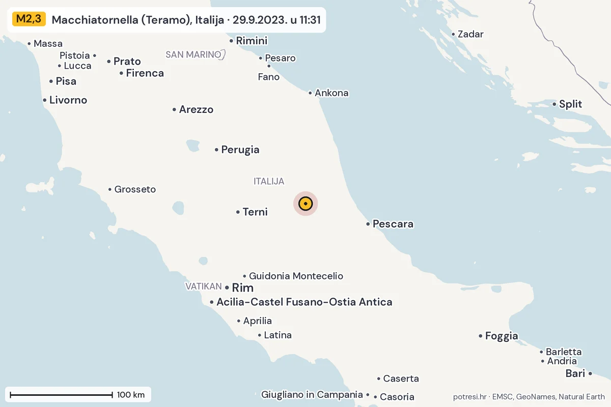 Karta: šire područje, 600 km, potres M2,3, Macchiatornella (Teramo), Italija, 29.9.2023.