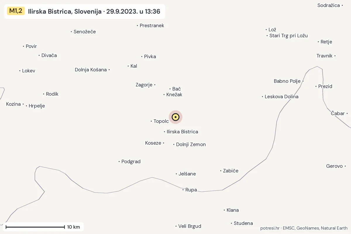 Karta: okolica epicentra, 60 km, potres M1,2, Ilirska Bistrica, Slovenija, 29.9.2023.