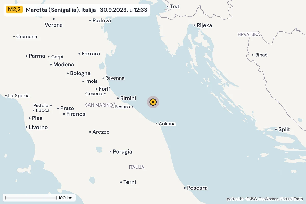 Karta: šire područje, 600 km, potres M2,2, Marotta (Senigallia), Italija, 30.9.2023.