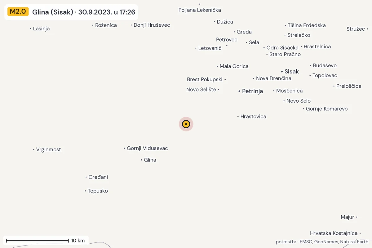 Karta: okolica epicentra, 60 km, potres M2,0, Glina (Sisak), 30.9.2023.