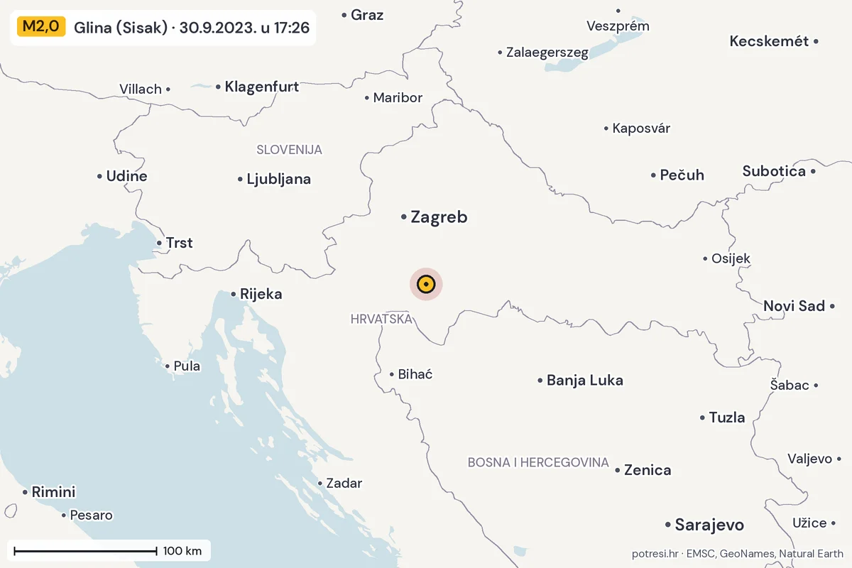 Karta: šire područje, 600 km, potres M2,0, Glina (Sisak), 30.9.2023.