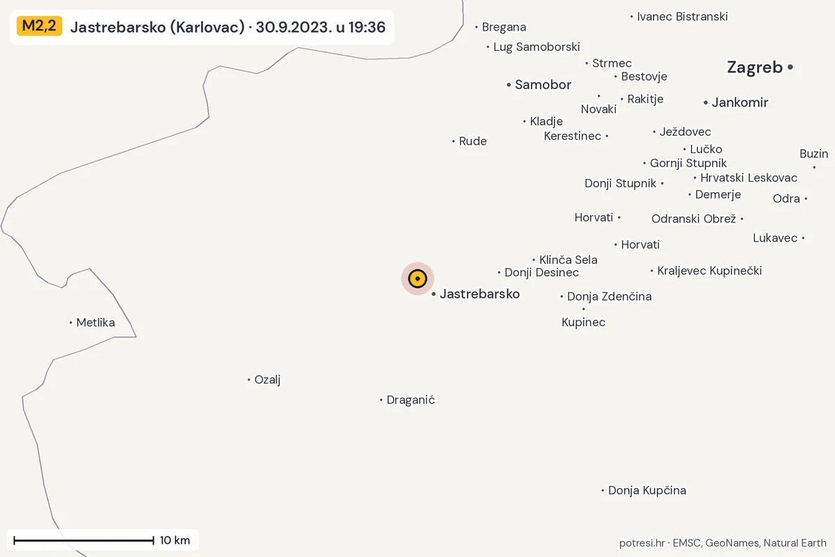 Karta: okolica epicentra, 60 km, potres M2,2, Jastrebarsko (Karlovac), 30.9.2023.