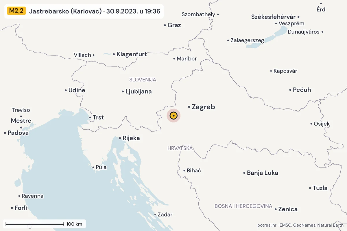 Karta: šire područje, 600 km, potres M2,2, Jastrebarsko (Karlovac), 30.9.2023.
