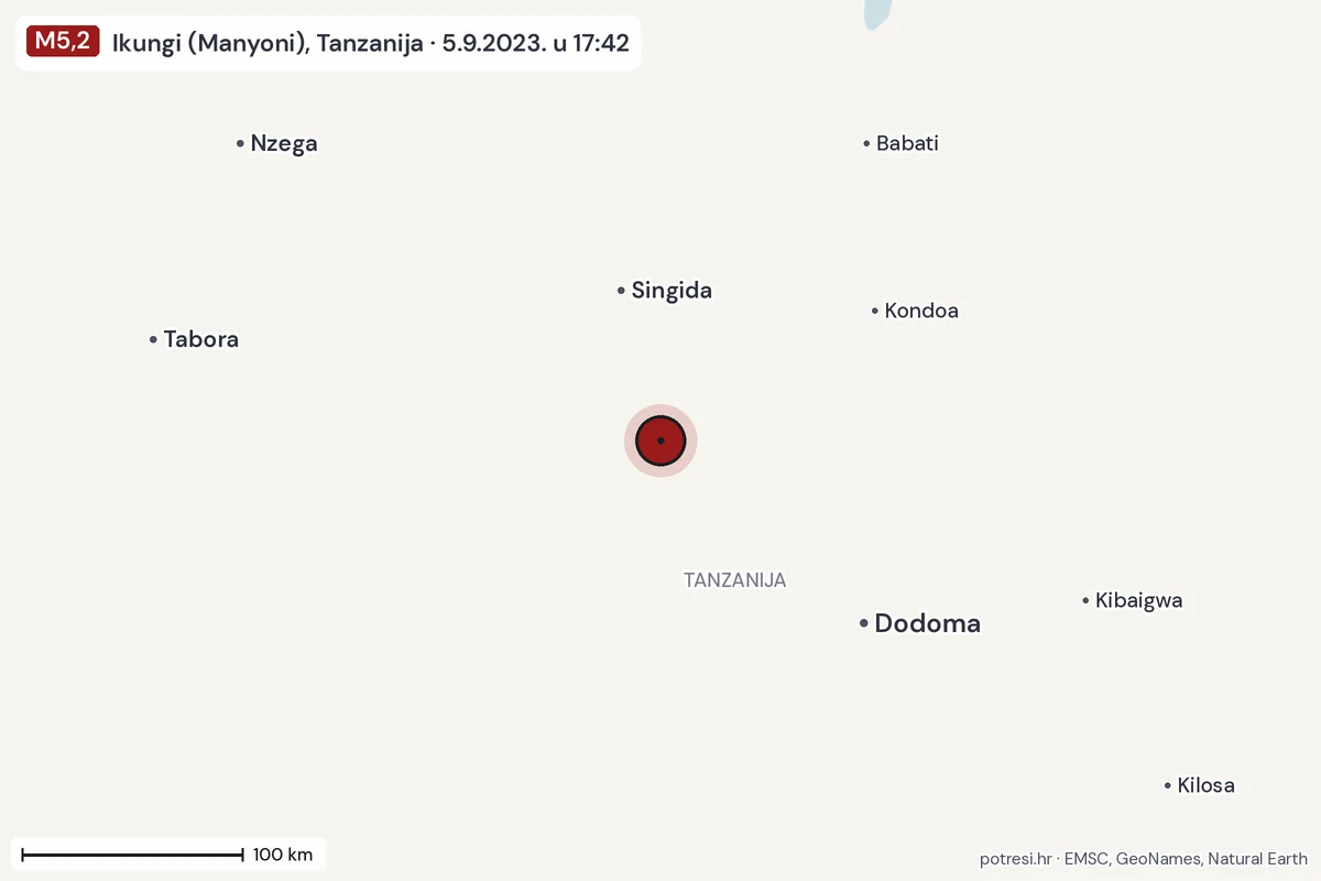 Karta: šire područje, 600 km, potres M5,2, Ikungi (Manyoni), Tanzanija, 5.9.2023.