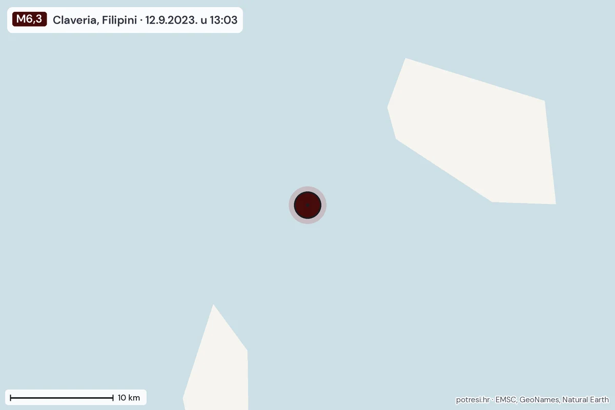 Karta: okolica epicentra, 60 km, potres M6,3, Claveria, Filipini, 12.9.2023.