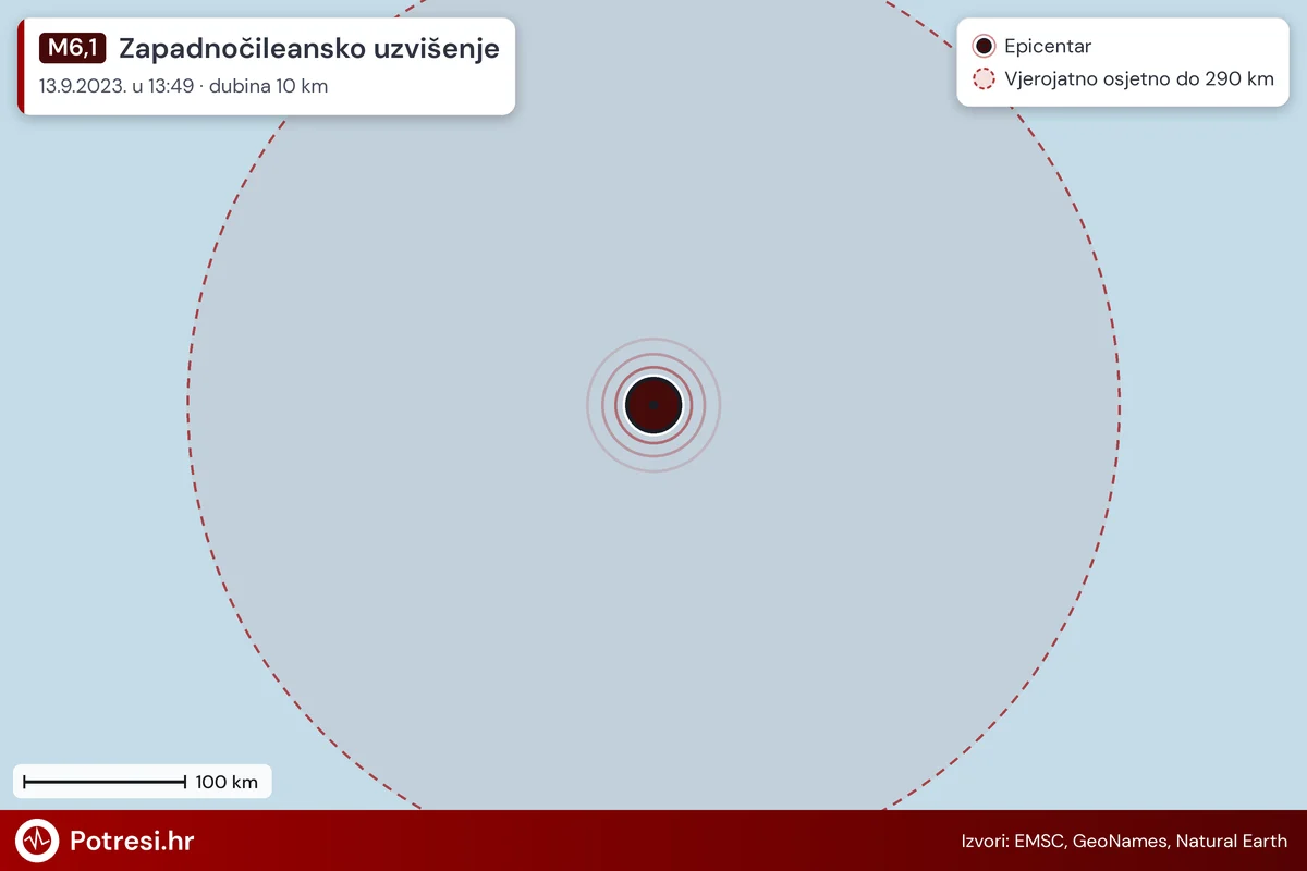 Karta: šire područje i vjerojatni doseg osjeta, potres M6,1, Zapadnočileansko uzvišenje, 13.9.2023.