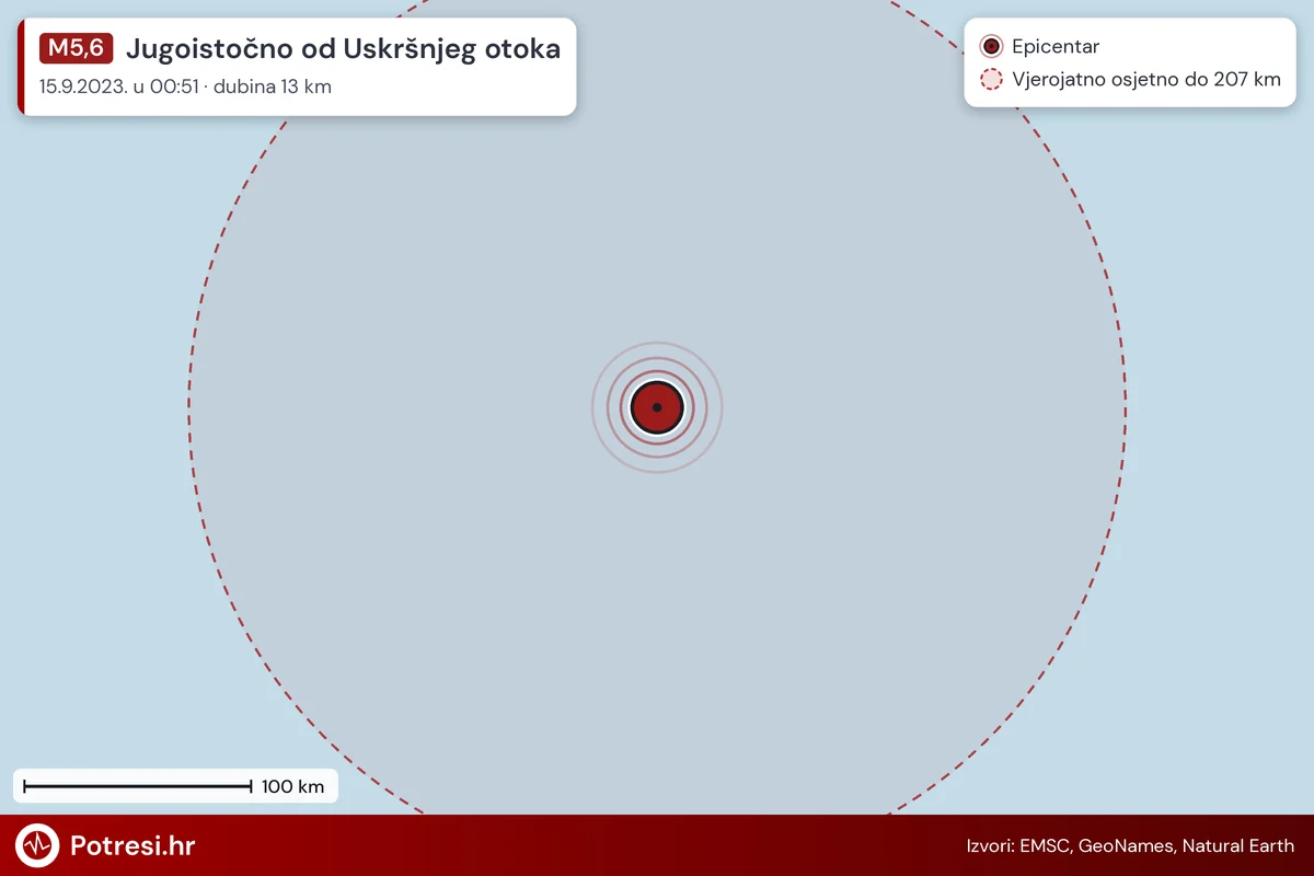 Karta: šire područje i vjerojatni doseg osjeta, potres M5,6, Jugoistočno od Uskršnjeg otoka, 15.9.2023.