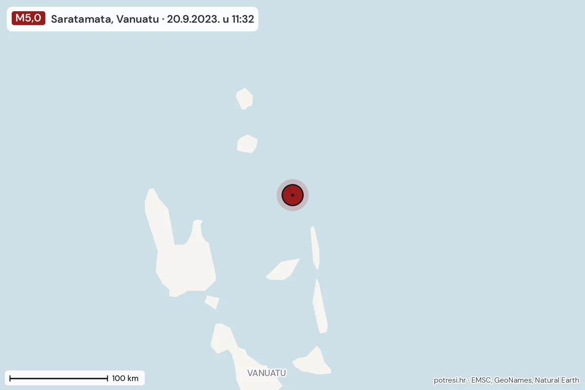 Karta: šire područje, 600 km, potres M5,0, Saratamata, Vanuatu, 20.9.2023.